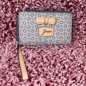 Guess Beige and Denim Blue Logo Wristlet